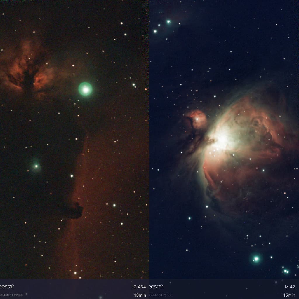 左が馬頭星雲IC434と燃える木 右がオリオン大星雲M42